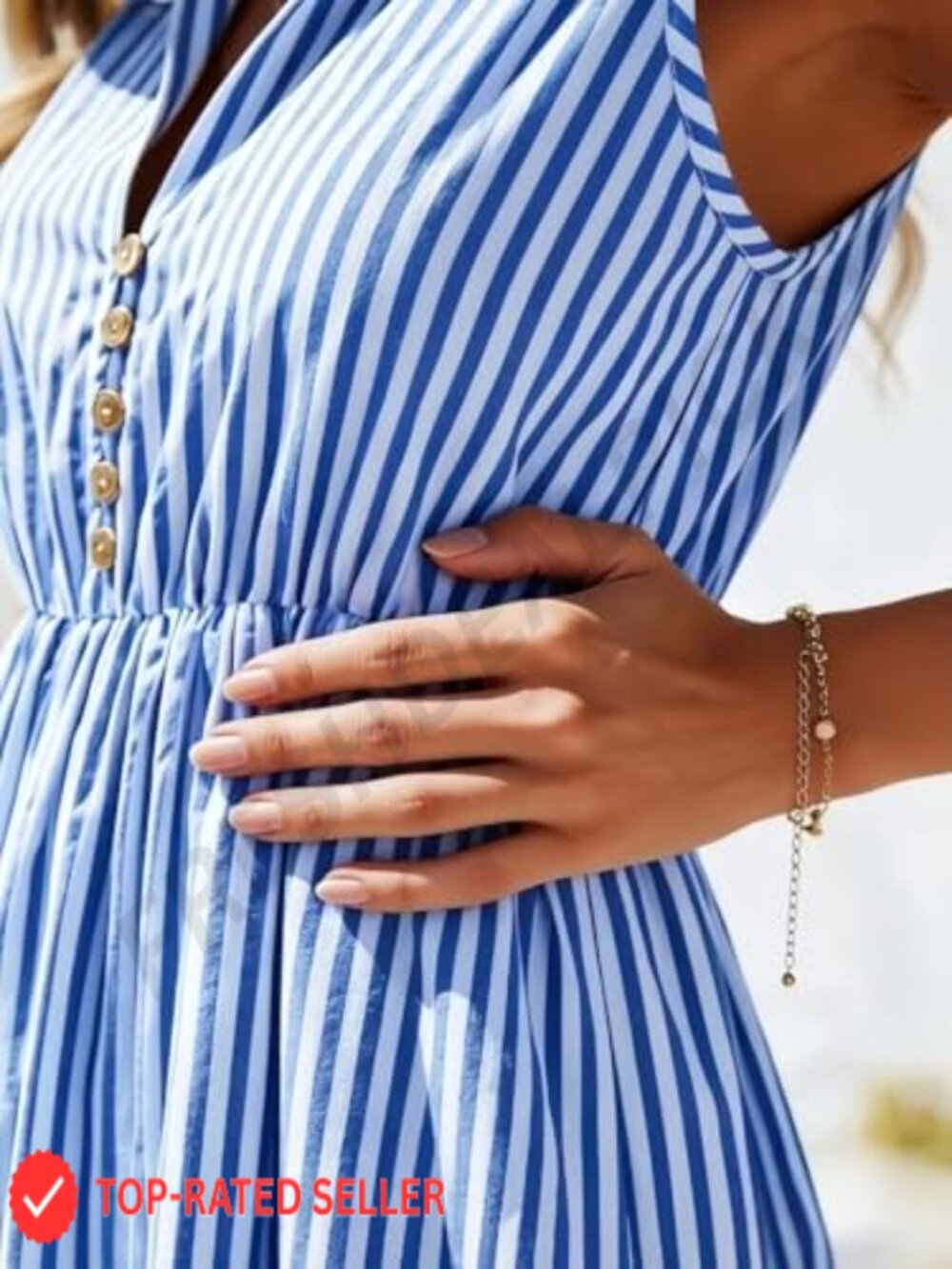 Striped V-Neck Sleeveless Midi Dress A-Line High Waist Summer Wedding Guest - Picture 5 of 7